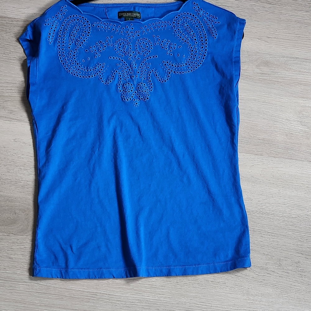 Ralph Lauren Eyelet-Detail Royal Blue Cap-Sleeve Top